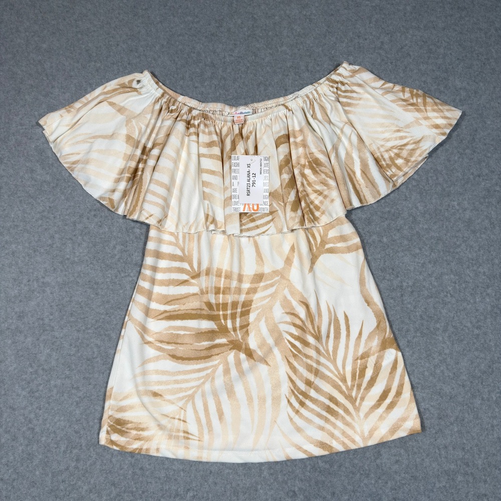 NWT LuLaRoe Alana Top XS Tan White Palm Leaf Off Shoulder Ruffle Blouse Boho